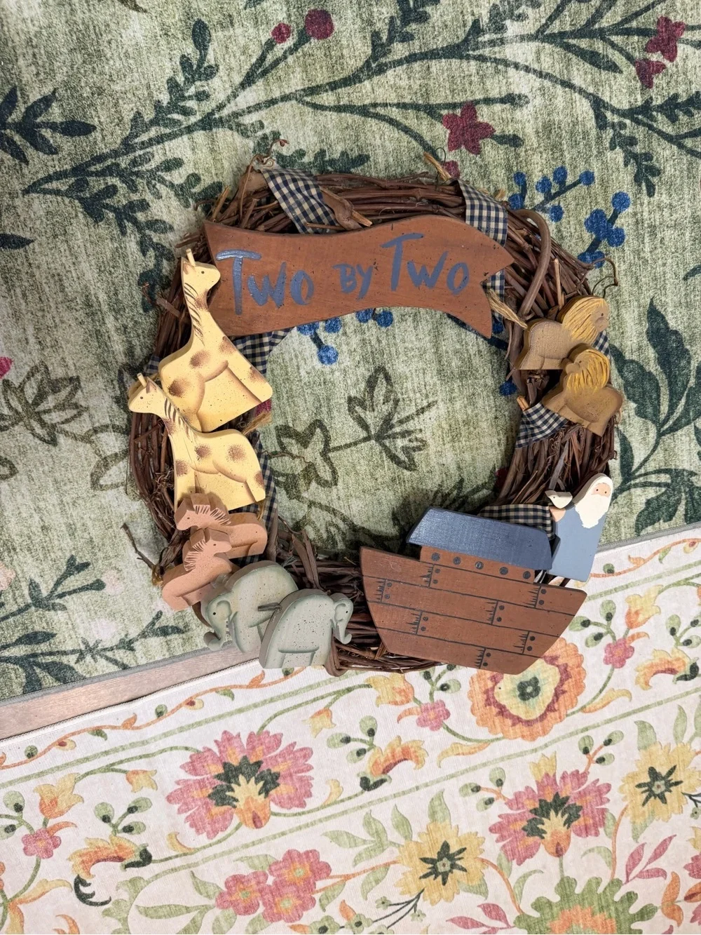 Vintage Noah’s Ark Nursery Wreath Handmade Wooden 3D Christianity Noah’s Ark